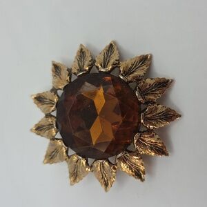 Emmons Sunflower Brooch. Rich Brown Stone With Gold Leaves
